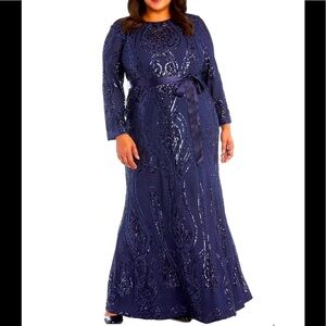 Women’s Formal Dress Size 14W 16W 18W 22W RM Richards Navy Sequined Long Sleeves